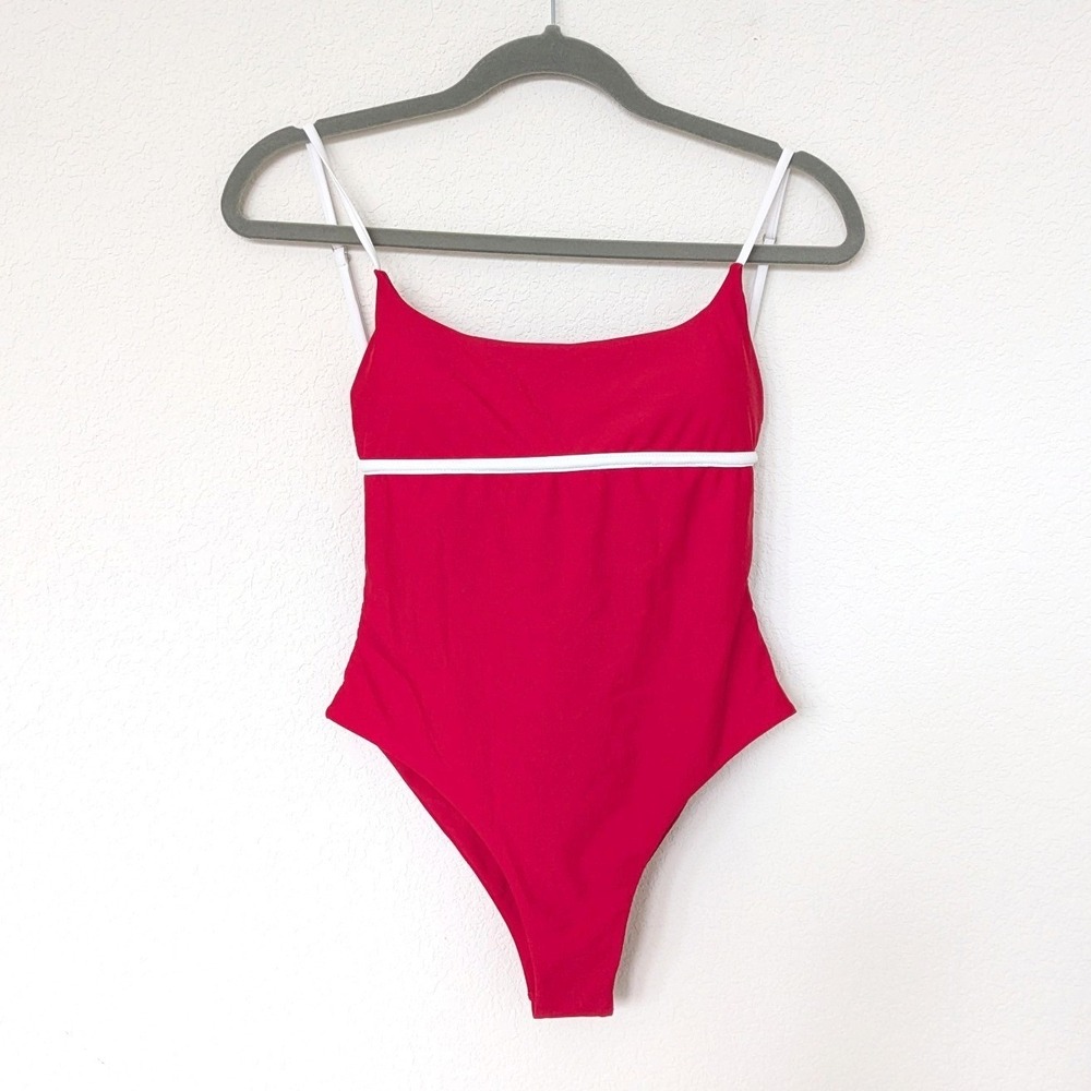 Unbranded Red White Trim One Piece Swimsuit Women Size M High Cut Strappy Back - Picture 2 of 8